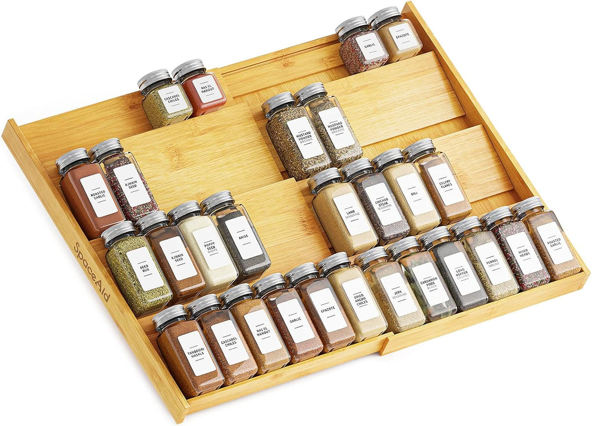 Bamboo Spice Drawer Organizer, (Need 3" Deep Drawer) Expandable 4 Tier Spices Rack for Cabinet, Kitchen Seasoning Storage Insert (Jars Not Included, From 12" to 23" Wide)