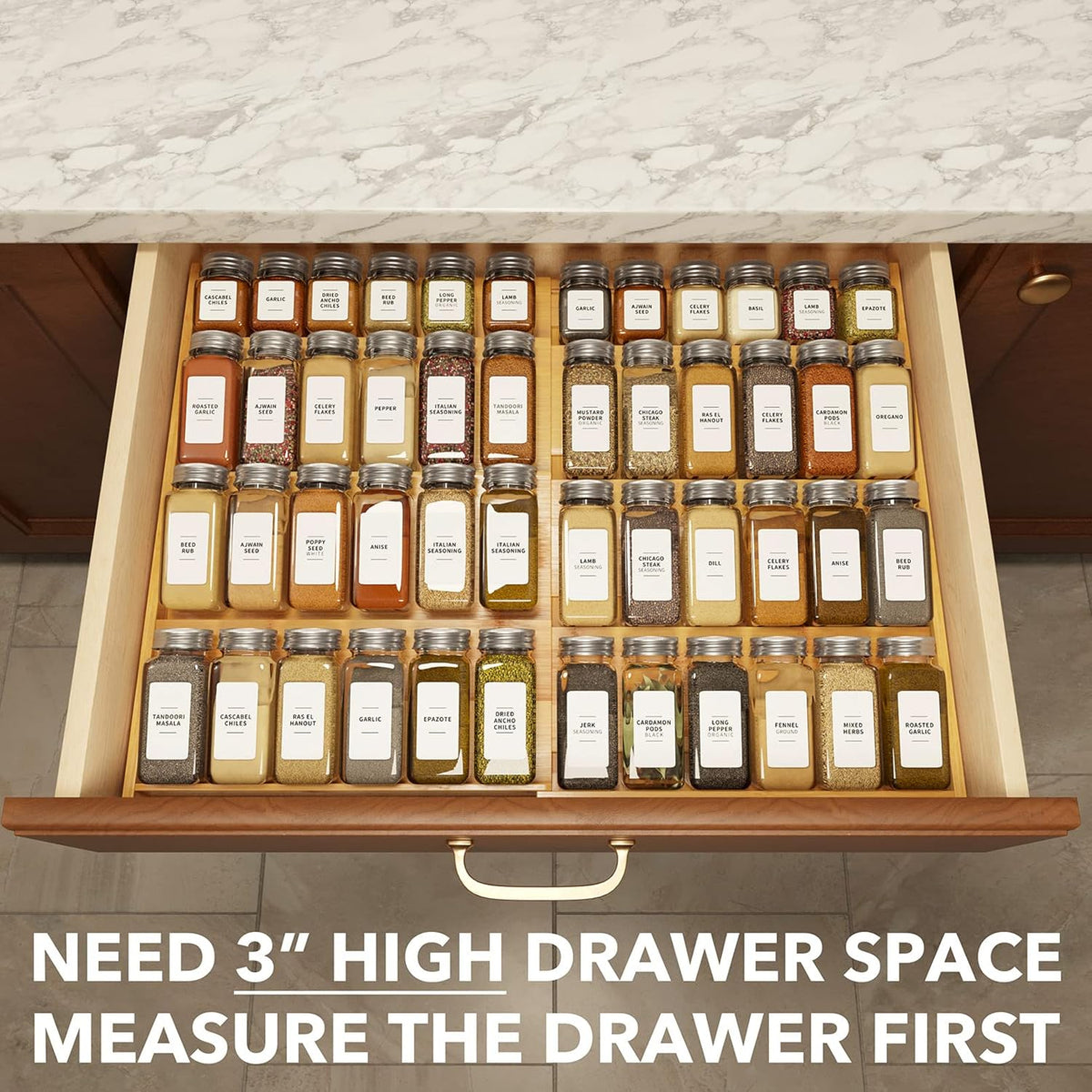 Bamboo Spice Drawer Organizer, (Need 3" Deep Drawer) Expandable 4 Tier Spices Rack for Cabinet, Kitchen Seasoning Storage Insert (Jars Not Included, From 12" to 23" Wide)