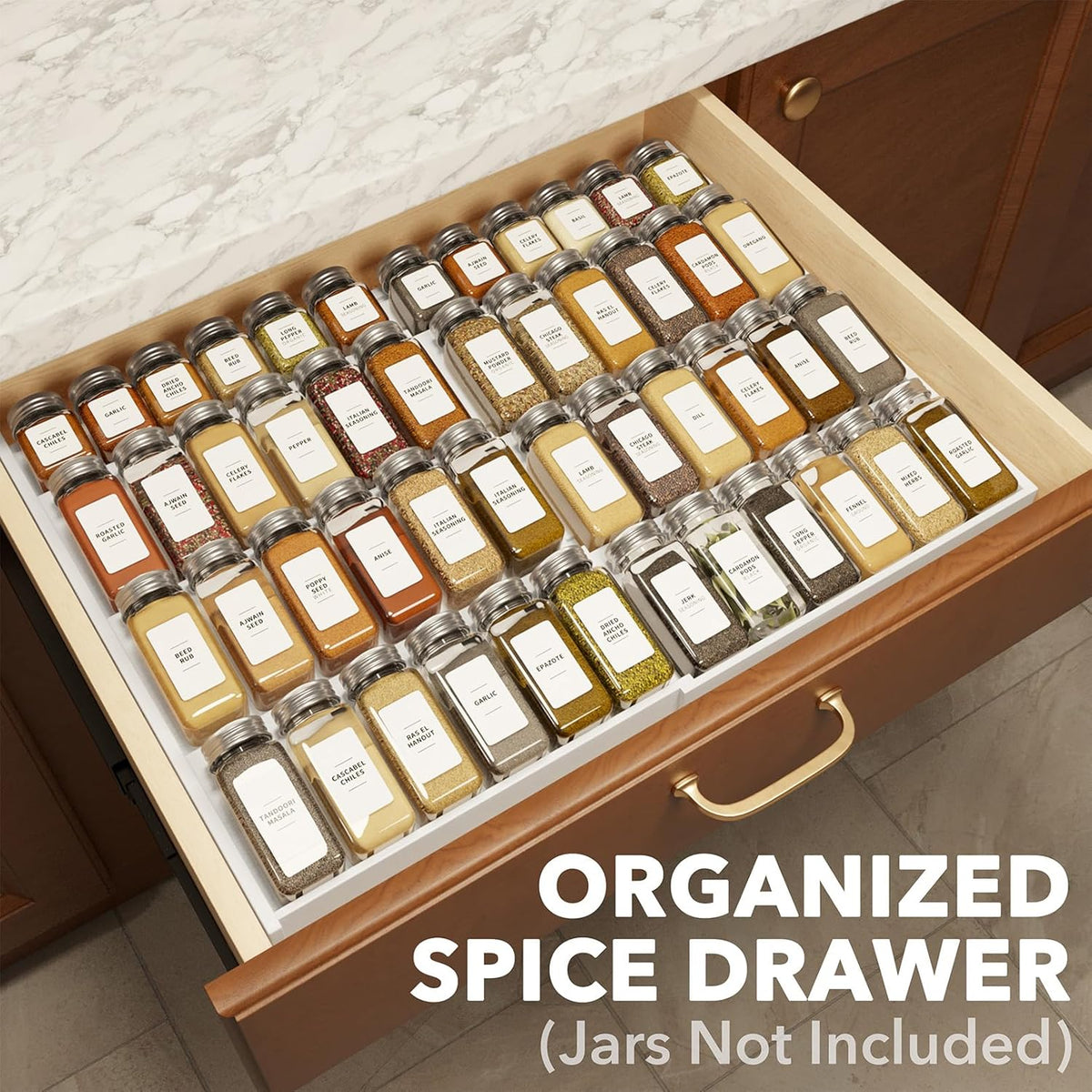 Bamboo Spice Drawer Organizer, (Need 3" Deep Drawer) Expandable 4 Tier Spices Rack for Cabinet, Kitchen Seasoning Storage Insert (Jars Not Included, From 12" to 23" Wide)