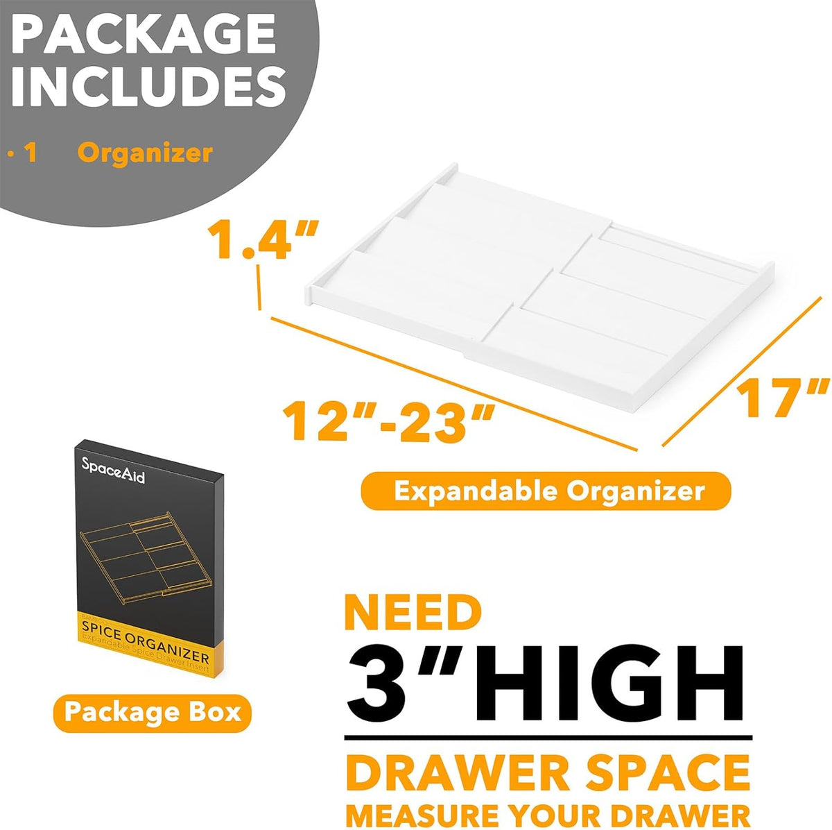 Bamboo Spice Drawer Organizer, (Need 3" Deep Drawer) Expandable 4 Tier Spices Rack for Cabinet, Kitchen Seasoning Storage Insert (Jars Not Included, From 12" to 23" Wide)