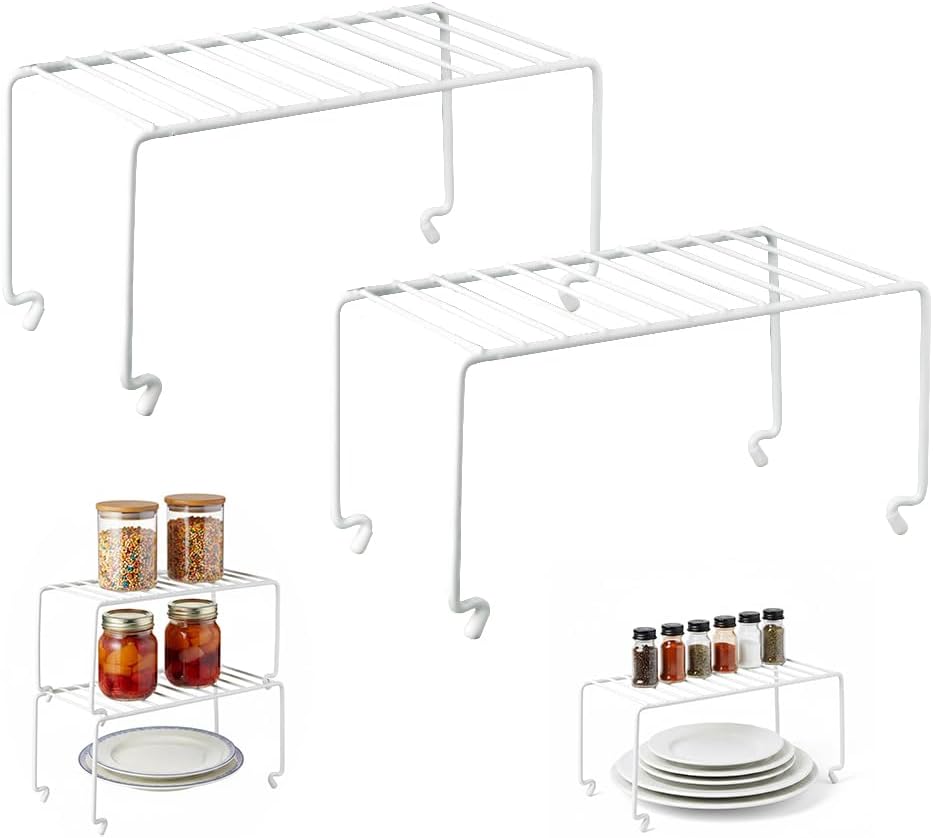 Expandable Medium (13.4-25.1x9inch) Kitchen Organizer Rack, Kitchen Shelves for Spice Organization for Cabinet, Pantry Organizers and Storage, Spice Rack, Desk Organizer, White