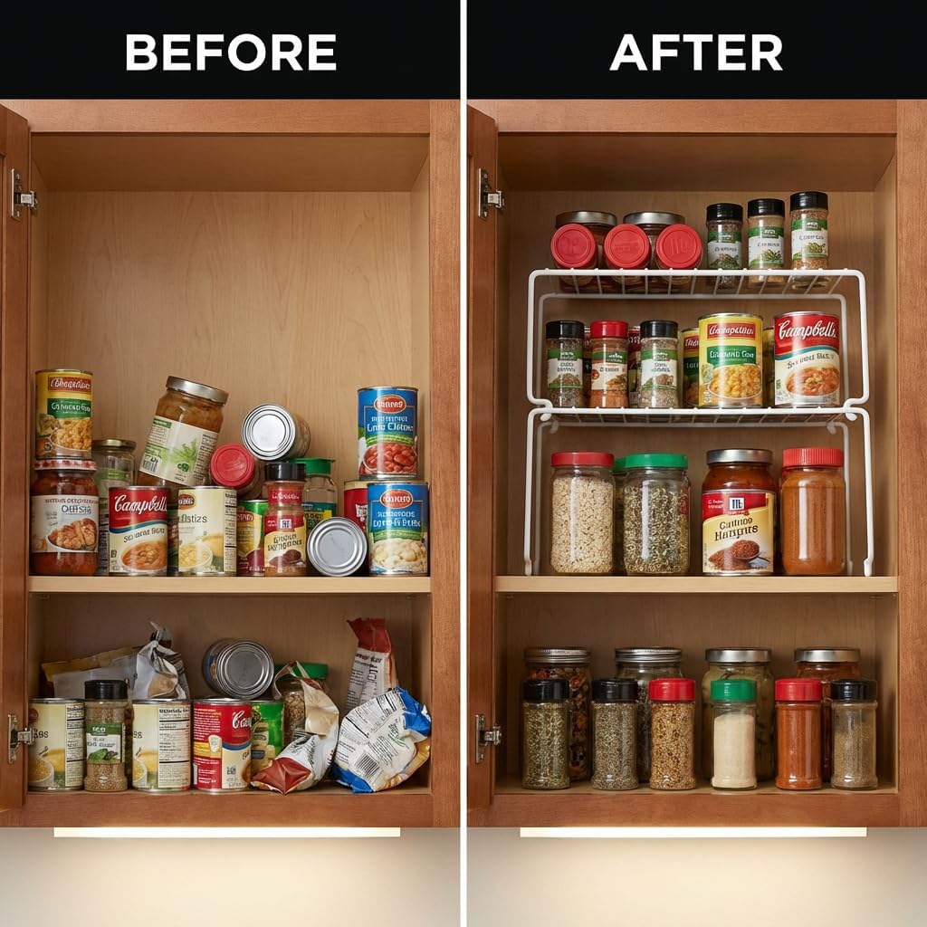 Expandable Medium (13.4-25.1x9inch) Kitchen Organizer Rack, Kitchen Shelves for Spice Organization for Cabinet, Pantry Organizers and Storage, Spice Rack, Desk Organizer, White