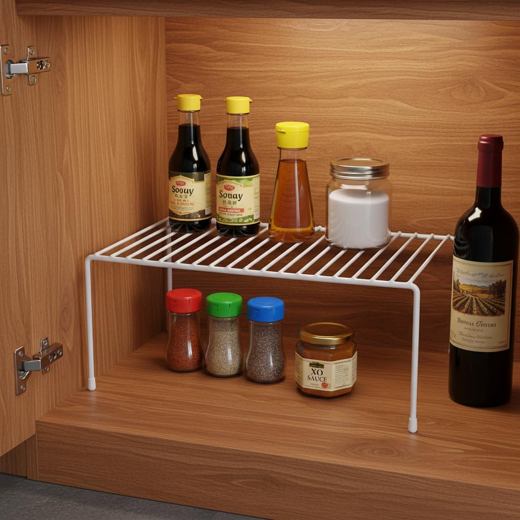 Expandable Medium (13.4-25.1x9inch) Kitchen Organizer Rack, Kitchen Shelves for Spice Organization for Cabinet, Pantry Organizers and Storage, Spice Rack, Desk Organizer, White