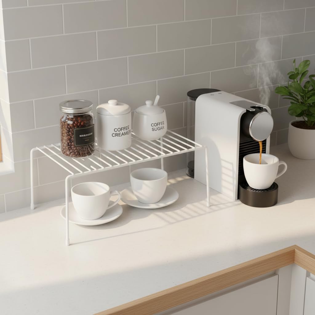Expandable Medium (13.4-25.1x9inch) Kitchen Organizer Rack, Kitchen Shelves for Spice Organization for Cabinet, Pantry Organizers and Storage, Spice Rack, Desk Organizer, White