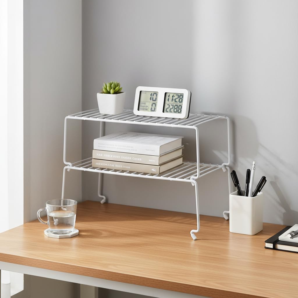 Expandable Medium (13.4-25.1x9inch) Kitchen Organizer Rack, Kitchen Shelves for Spice Organization for Cabinet, Pantry Organizers and Storage, Spice Rack, Desk Organizer, White