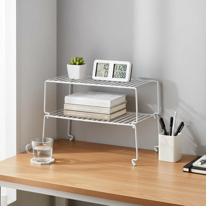 Expandable Medium (13.4-25.1x9inch) Kitchen Organizer Rack, Kitchen Shelves for Spice Organization for Cabinet, Pantry Organizers and Storage, Spice Rack, Desk Organizer, White