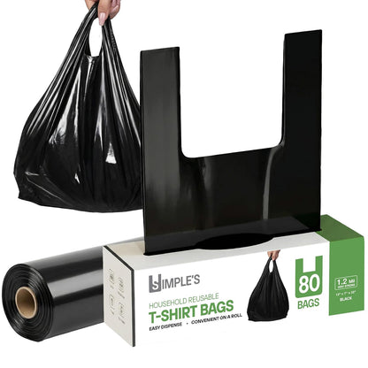 Black Plastic T-Shirt Bags with Handles – 80 Count – 12"x7"x22" – 1.2 Mil – Grocery & Retail