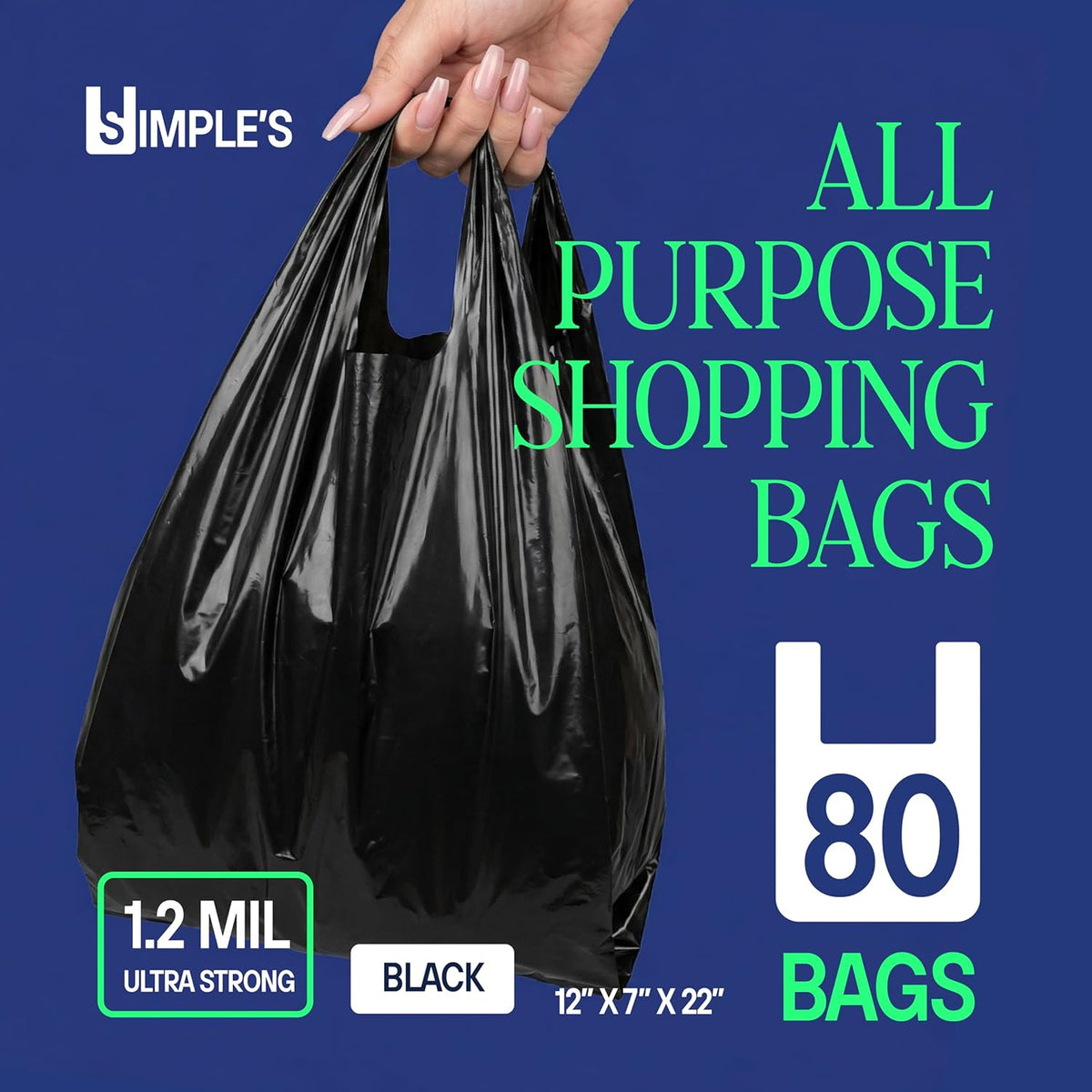 Black Plastic T-Shirt Bags with Handles – 80 Count – 12"x7"x22" – 1.2 Mil – Grocery & Retail