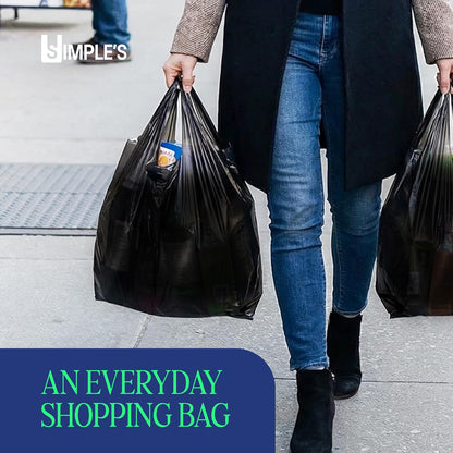 Black Plastic T-Shirt Bags with Handles – 80 Count – 12"x7"x22" – 1.2 Mil – Grocery & Retail