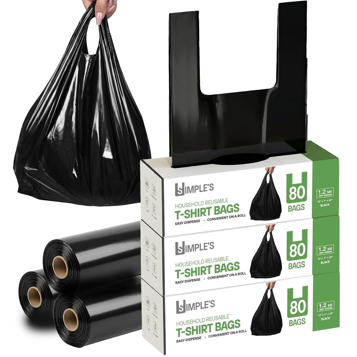 Black Plastic T-Shirt Bags with Handles – 80 Count – 12"x7"x22" – 1.2 Mil – Grocery & Retail