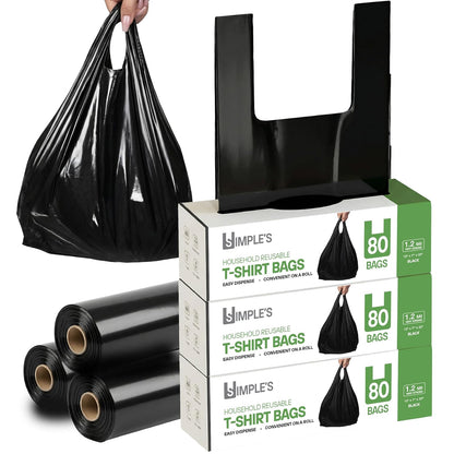 Black Plastic T-Shirt Bags with Handles – 80 Count – 12"x7"x22" – 1.2 Mil – Grocery & Retail