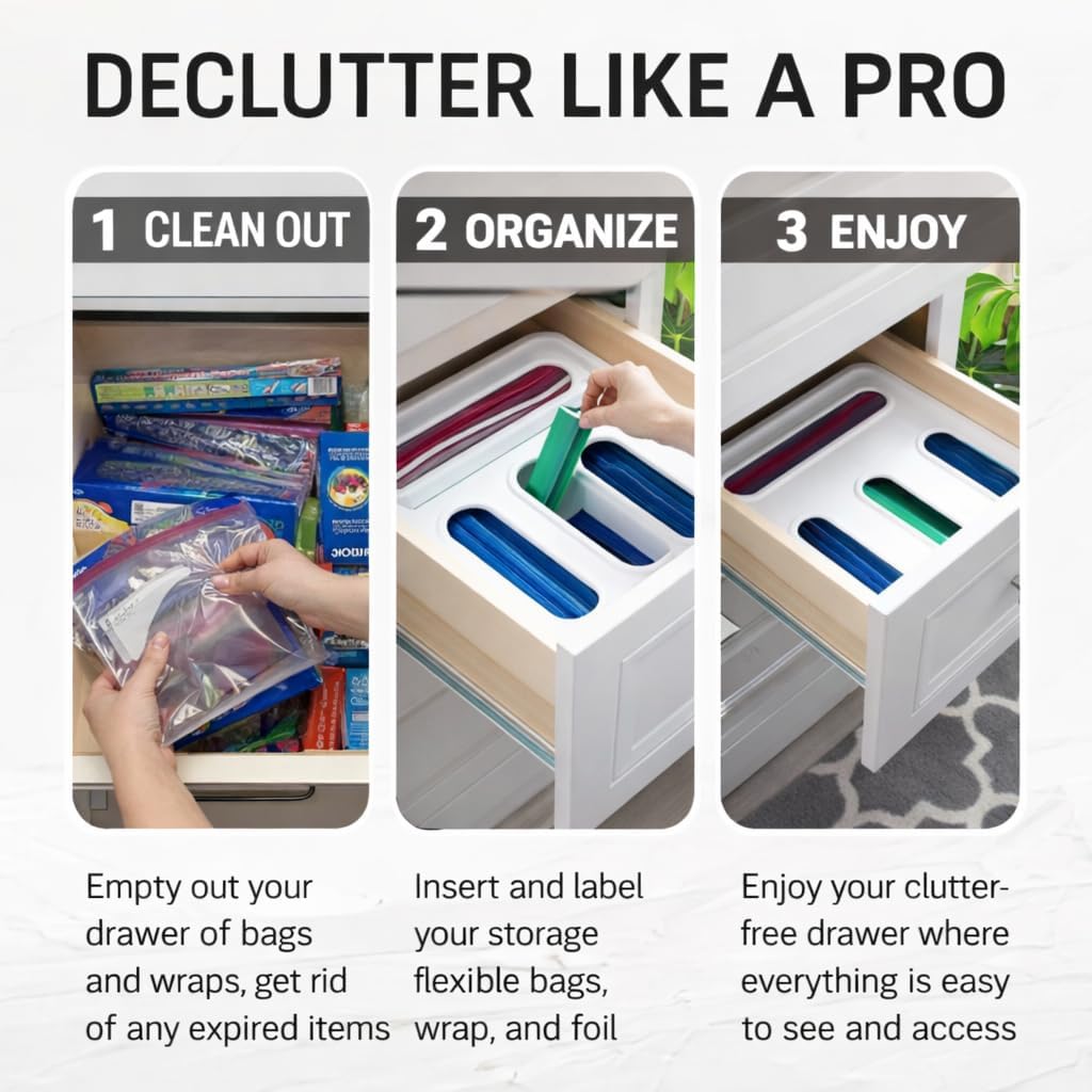 Storage Bag Organizer for Kitchen Drawer – 4 in 1 Plastic Baggie Organizer with Labels | Fits Gallon, Quart, Sandwich & Snack Bags | Ziplock Food Storage Bag Holder | Wall Mount or Drawer Use (White)