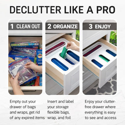 Storage Bag Organizer for Kitchen Drawer – 4 in 1 Plastic Baggie Organizer with Labels | Fits Gallon, Quart, Sandwich & Snack Bags | Ziplock Food Storage Bag Holder | Wall Mount or Drawer Use (White)
