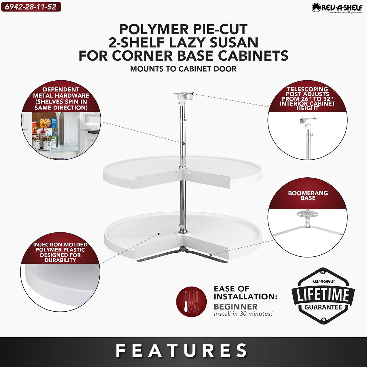 2 Tier Pie-Cut Plastic Lazy Susan for Corner Base Cabinets, 24"