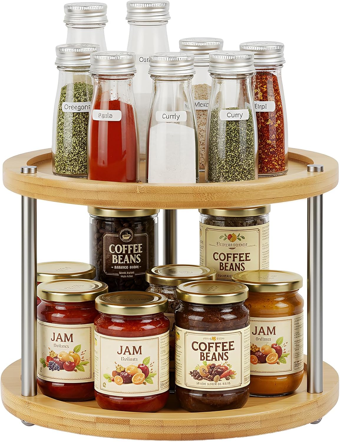 2 Tier Lazy Susan Organizer,Revolving Spice Rack,10 inch Wood Lazy Susan Turntable for Cabinet, Shelf, Countertop, or Table