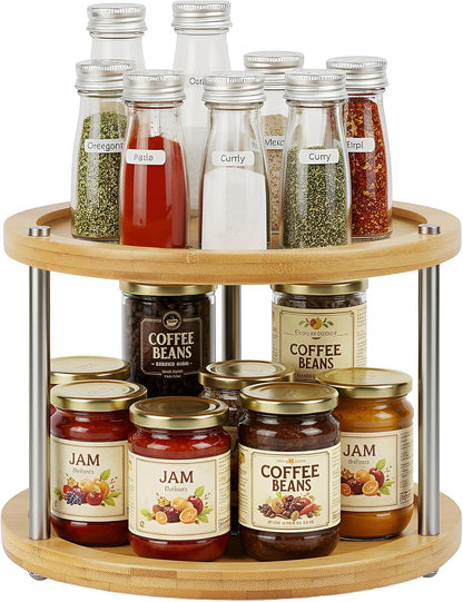 2 Tier Lazy Susan Organizer,Revolving Spice Rack,10 inch Wood Lazy Susan Turntable for Cabinet, Shelf, Countertop, or Table