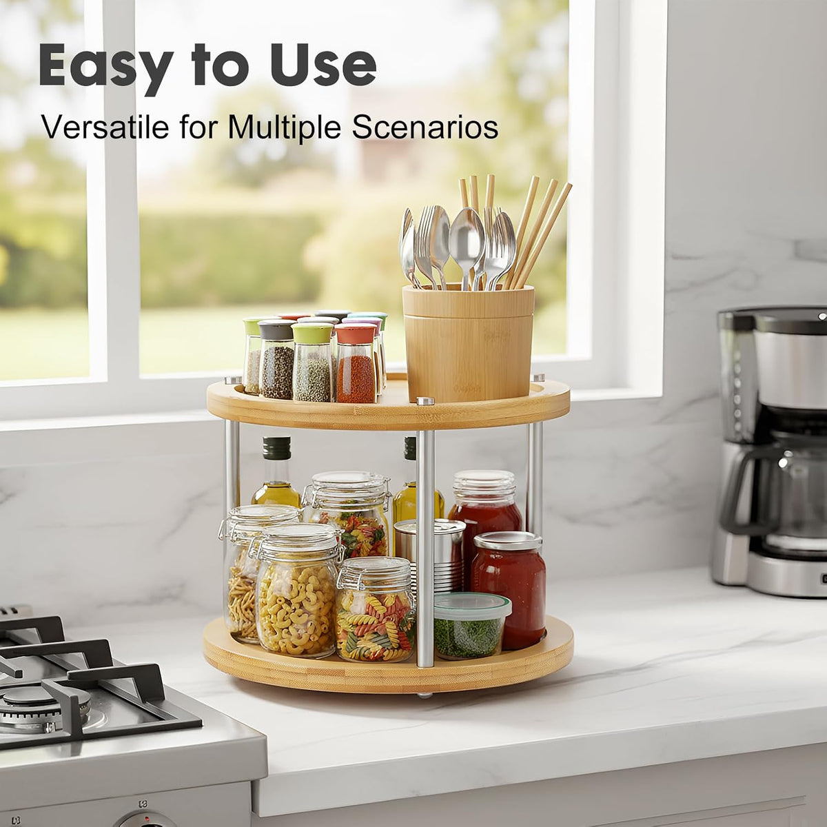 2 Tier Lazy Susan Organizer,Revolving Spice Rack,10 inch Wood Lazy Susan Turntable for Cabinet, Shelf, Countertop, or Table