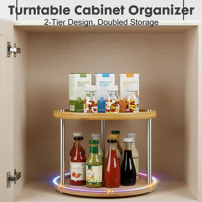 2 Tier Lazy Susan Organizer,Revolving Spice Rack,10 inch Wood Lazy Susan Turntable for Cabinet, Shelf, Countertop, or Table