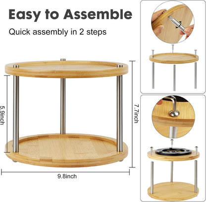 2 Tier Lazy Susan Organizer,Revolving Spice Rack,10 inch Wood Lazy Susan Turntable for Cabinet, Shelf, Countertop, or Table