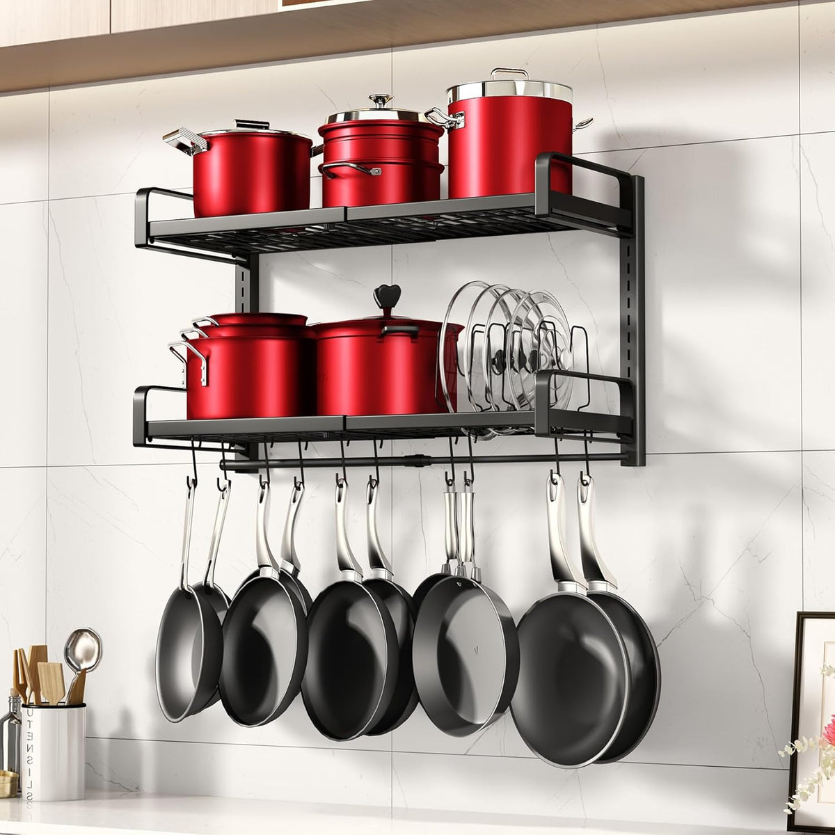 19"- 30" Expandable Hanging Pot Rack, 2 Tier Heavy Duty Wall Mounted Pots and Pans Organizer with 10 Hooks and 5 Pot Lid Holders, Pot Hanger Shelf for Kitchen Cookware Utensils Organizers and Storage