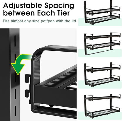 19"- 30" Expandable Hanging Pot Rack, 2 Tier Heavy Duty Wall Mounted Pots and Pans Organizer with 10 Hooks and 5 Pot Lid Holders, Pot Hanger Shelf for Kitchen Cookware Utensils Organizers and Storage