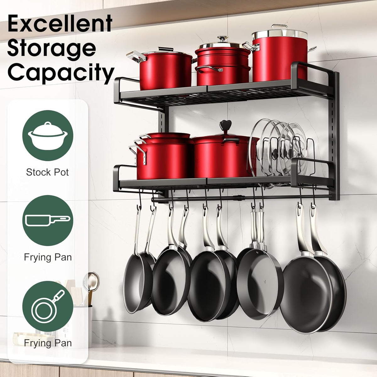 19"- 30" Expandable Hanging Pot Rack, 2 Tier Heavy Duty Wall Mounted Pots and Pans Organizer with 10 Hooks and 5 Pot Lid Holders, Pot Hanger Shelf for Kitchen Cookware Utensils Organizers and Storage