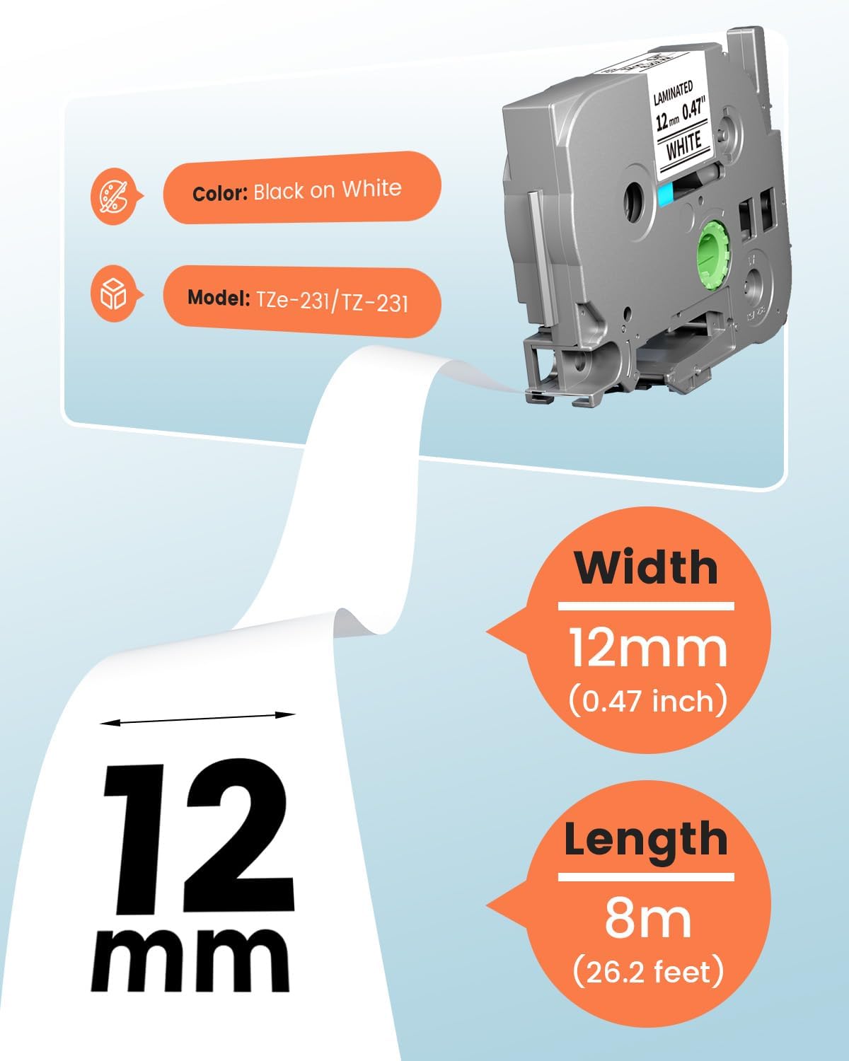 Replacement for Brother P Touch Label Tape TZe TZ Tape 12mm 0.47 Inch White | Laminated TZe-231 TZe231 Label Maker Refills, Compatible with Brother Ptouch PT-D220 D210 H110 D400 D410 D600 D610BT, 5-Pack