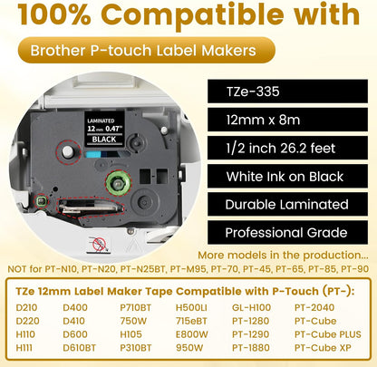 6-Pack Replace for Brother Label Maker Refills TZe-231 12mm 0.47 Black Ink on White Tape Laminated Compatible with Brother Label Maker Tape for P-Touch PTD210 D220 H110 H111 D410 610BT CUBE