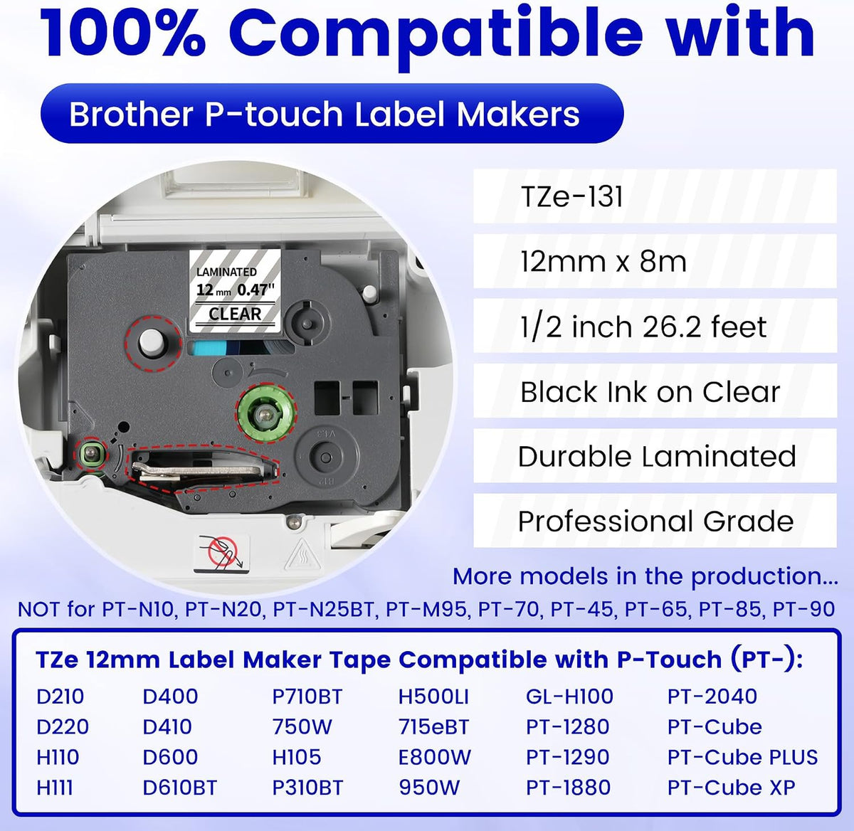 6-Pack Replace for Brother Label Maker Refills TZe-231 12mm 0.47 Black Ink on White Tape Laminated Compatible with Brother Label Maker Tape for P-Touch PTD210 D220 H110 H111 D410 610BT CUBE