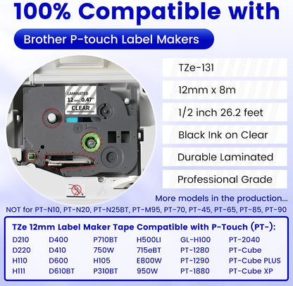 6-Pack Replace for Brother Label Maker Refills TZe-231 12mm 0.47 Black Ink on White Tape Laminated Compatible with Brother Label Maker Tape for P-Touch PTD210 D220 H110 H111 D410 610BT CUBE
