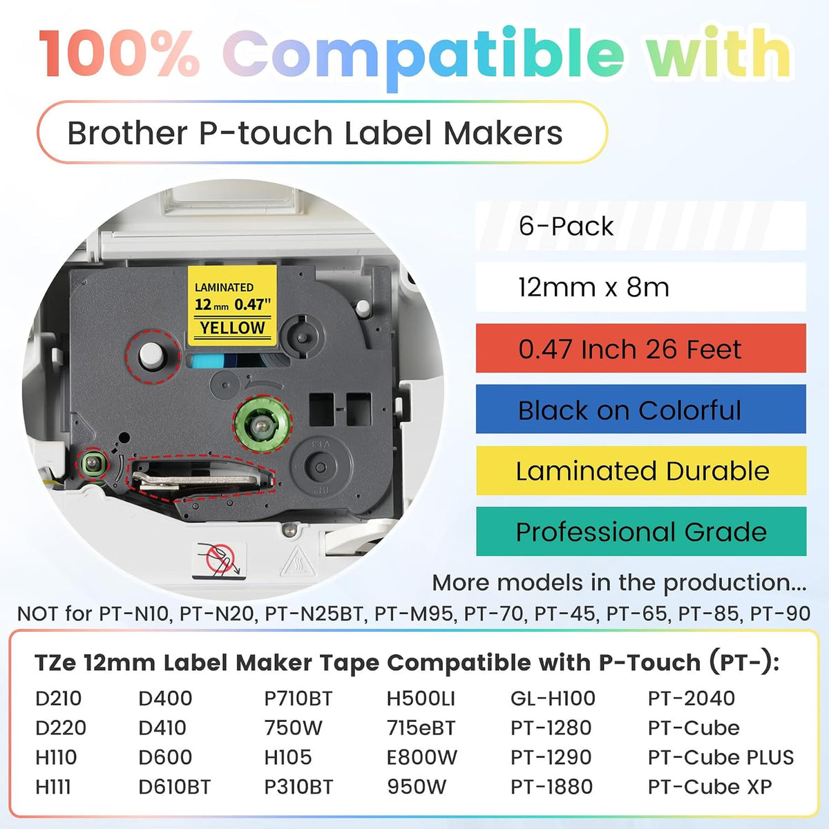 6-Pack Replace for Brother Label Maker Refills TZe-231 12mm 0.47 Black Ink on White Tape Laminated Compatible with Brother Label Maker Tape for P-Touch PTD210 D220 H110 H111 D410 610BT CUBE