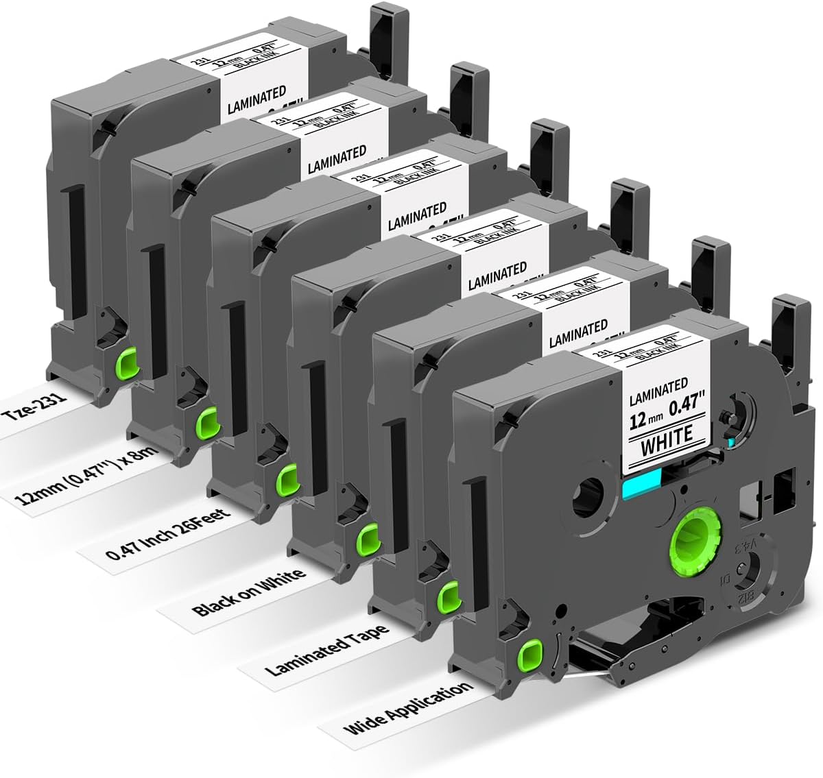 6-Pack Replace for Brother Label Maker Refills TZe-231 12mm 0.47 Black Ink on White Tape Laminated Compatible with Brother Label Maker Tape for P-Touch PTD210 D220 H110 H111 D410 610BT CUBE
