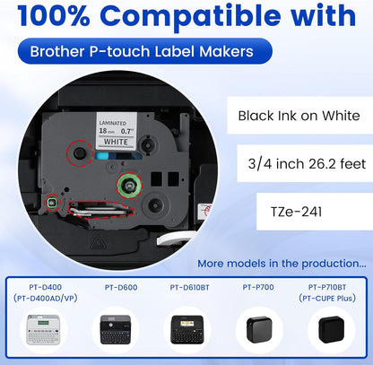 6-Pack Replace for Brother Label Maker Refills TZe-231 12mm 0.47 Black Ink on White Tape Laminated Compatible with Brother Label Maker Tape for P-Touch PTD210 D220 H110 H111 D410 610BT CUBE