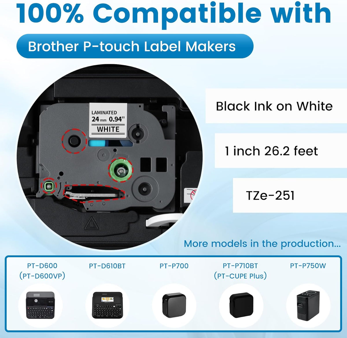 6-Pack Replace for Brother Label Maker Refills TZe-231 12mm 0.47 Black Ink on White Tape Laminated Compatible with Brother Label Maker Tape for P-Touch PTD210 D220 H110 H111 D410 610BT CUBE