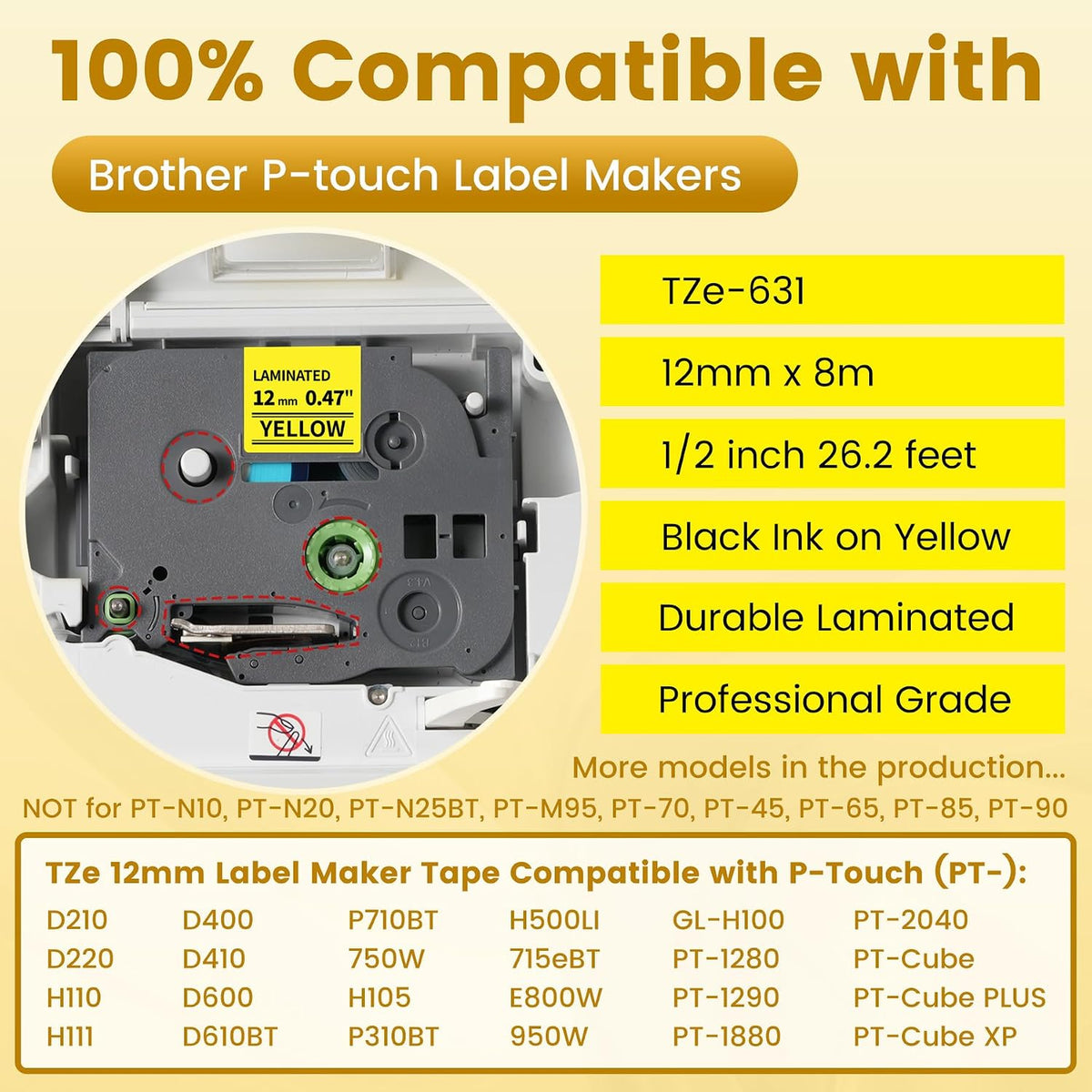 6-Pack Replace for Brother Label Maker Refills TZe-231 12mm 0.47 Black Ink on White Tape Laminated Compatible with Brother Label Maker Tape for P-Touch PTD210 D220 H110 H111 D410 610BT CUBE