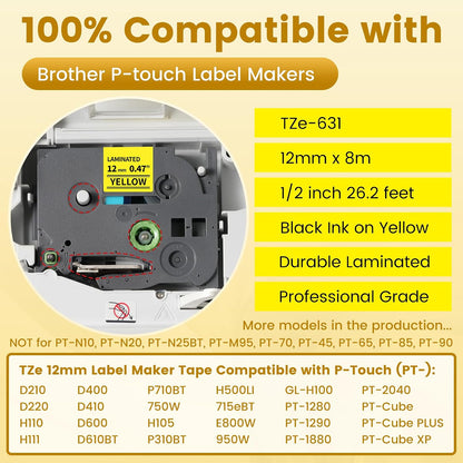 6-Pack Replace for Brother Label Maker Refills TZe-231 12mm 0.47 Black Ink on White Tape Laminated Compatible with Brother Label Maker Tape for P-Touch PTD210 D220 H110 H111 D410 610BT CUBE