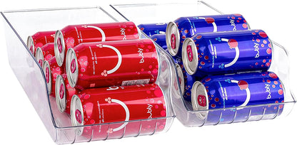 Soda Can Organizer - Clear Plastic Storage Dispenser Bin for Refrigerator. Great Drink Holder for Kitchen Cabinets, Countertops, Pantry, Freezer and Fridge. (2-Pack)