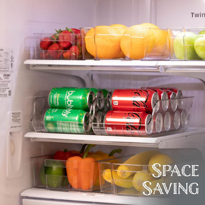 Soda Can Organizer - Clear Plastic Storage Dispenser Bin for Refrigerator. Great Drink Holder for Kitchen Cabinets, Countertops, Pantry, Freezer and Fridge. (2-Pack)