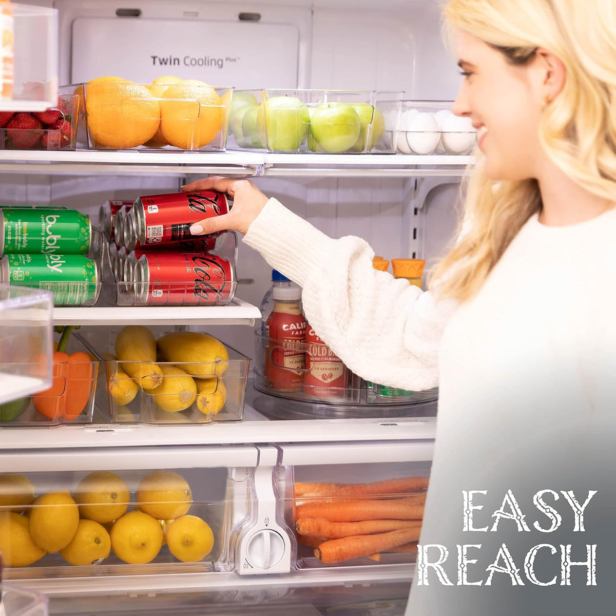 Soda Can Organizer - Clear Plastic Storage Dispenser Bin for Refrigerator. Great Drink Holder for Kitchen Cabinets, Countertops, Pantry, Freezer and Fridge. (2-Pack)