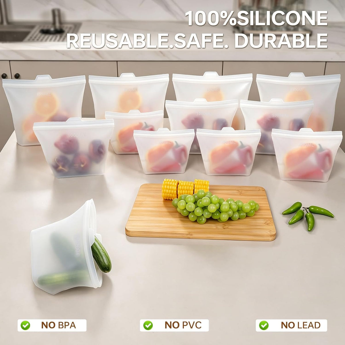 8 Pack Reusable Silicone Bags - 100% Food Grade,Medium & Small