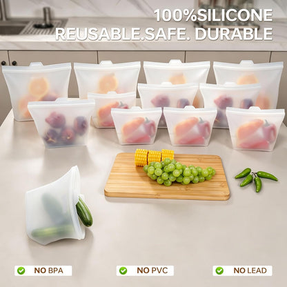 8 Pack Reusable Silicone Bags - 100% Food Grade,Medium & Small