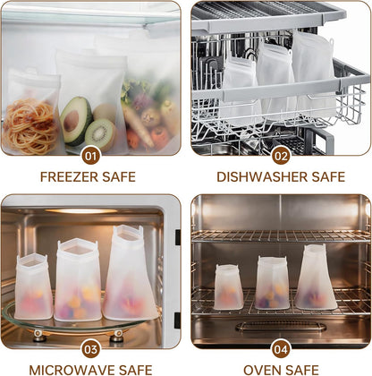 8 Pack Reusable Silicone Bags - 100% Food Grade,Medium & Small