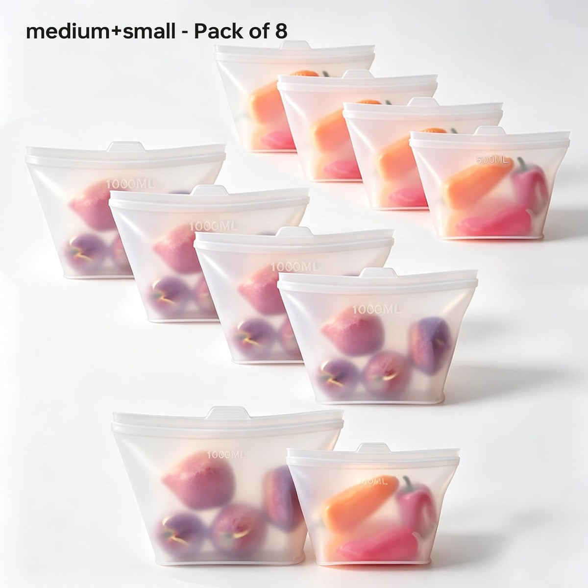 8 Pack Reusable Silicone Bags - 100% Food Grade,Medium & Small