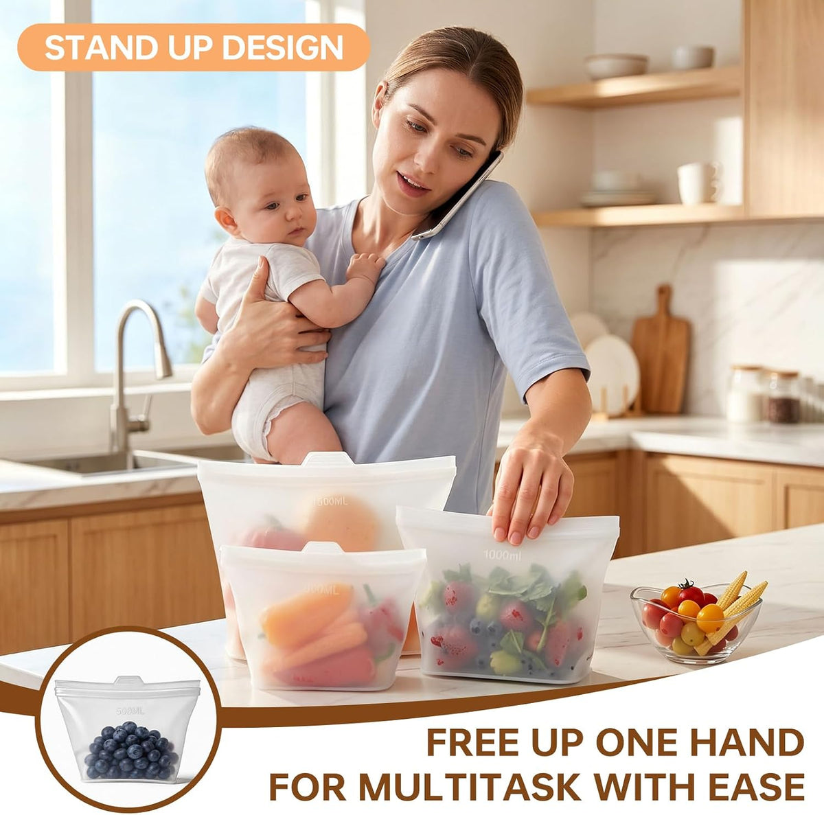 8 Pack Reusable Silicone Bags - 100% Food Grade,Medium & Small