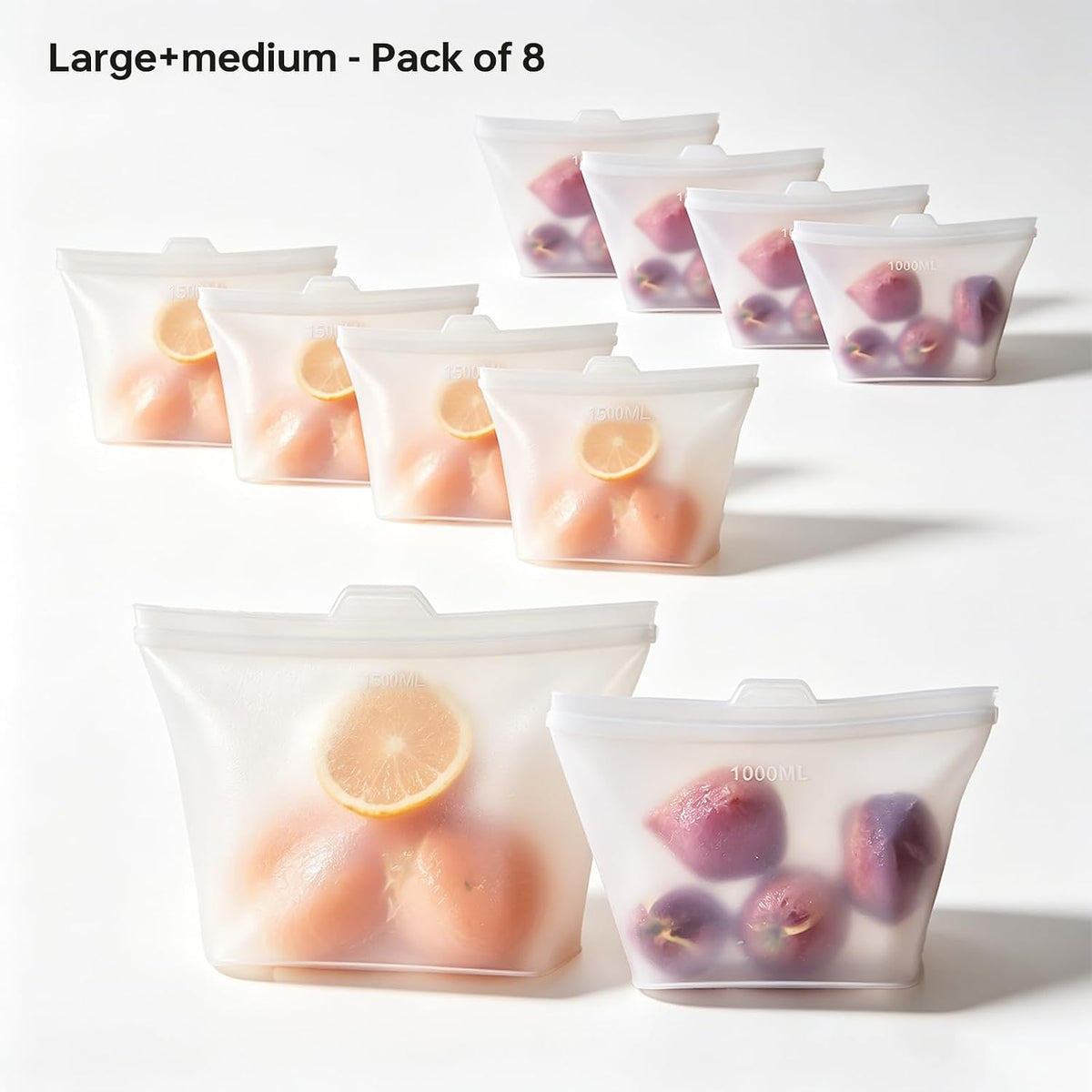 8 Pack Reusable Silicone Bags - 100% Food Grade,Medium & Small
