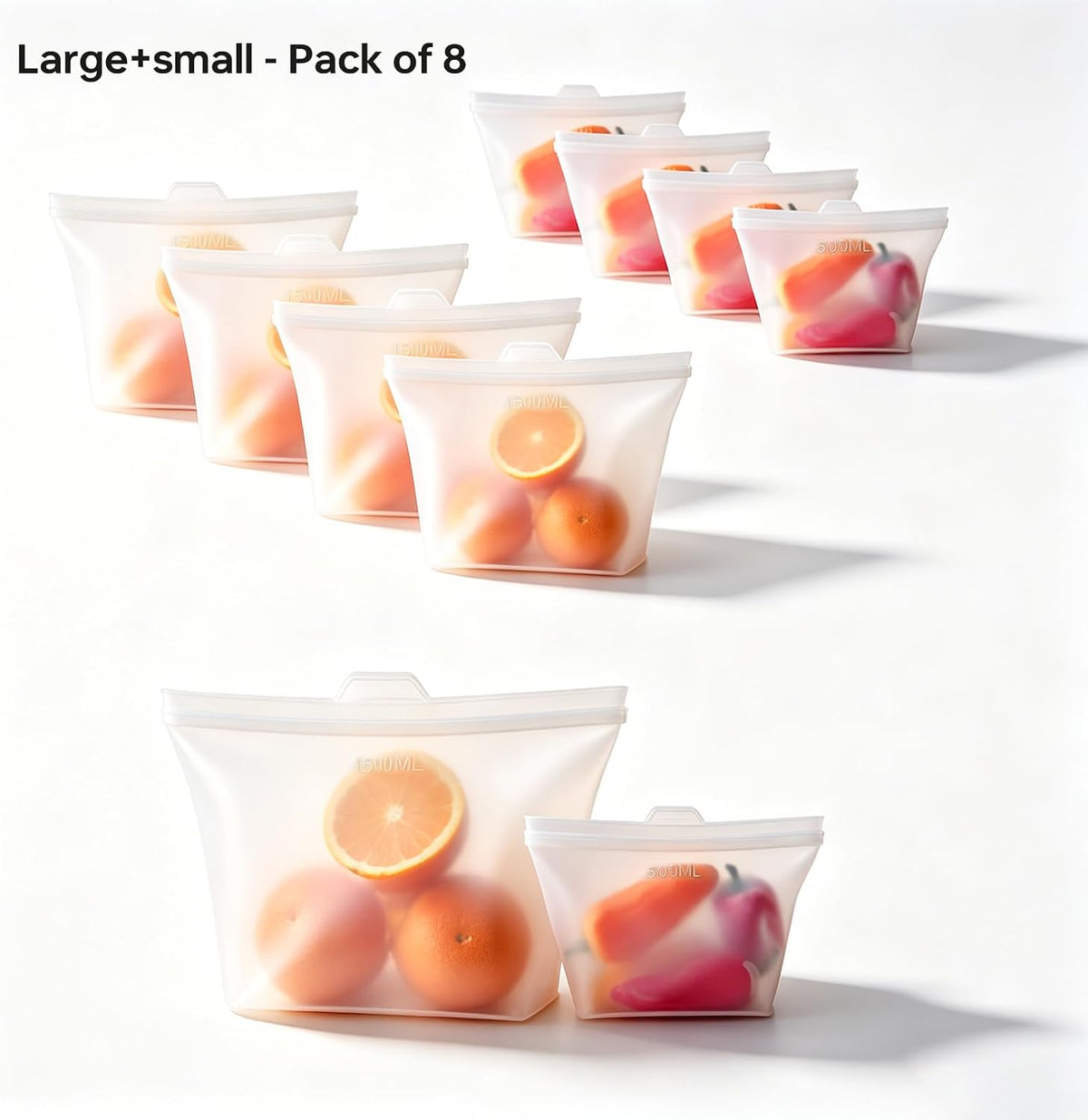 8 Pack Reusable Silicone Bags - 100% Food Grade,Medium & Small