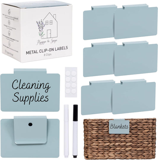 Metal Non-Slip Basket Labels Clip On for Storage Bins, or Wire Racks | Includes 8 Labels, 8 Non-Slip Pads, and 1 Free Marker (Cream)