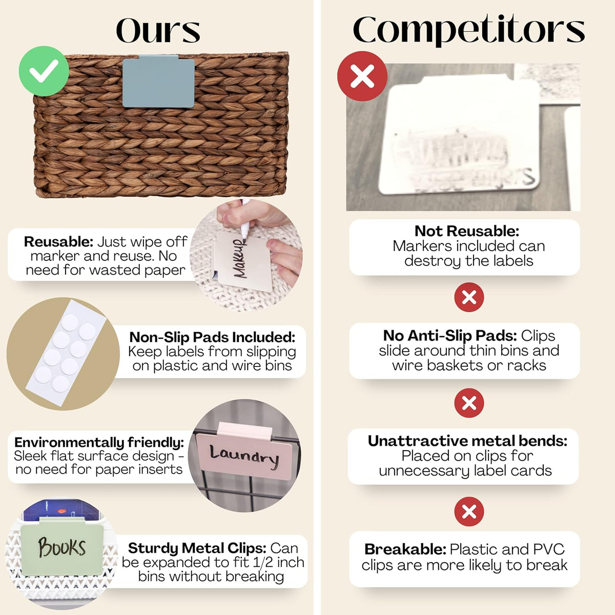 Metal Non-Slip Basket Labels Clip On for Storage Bins, or Wire Racks | Includes 8 Labels, 8 Non-Slip Pads, and 1 Free Marker (Cream)
