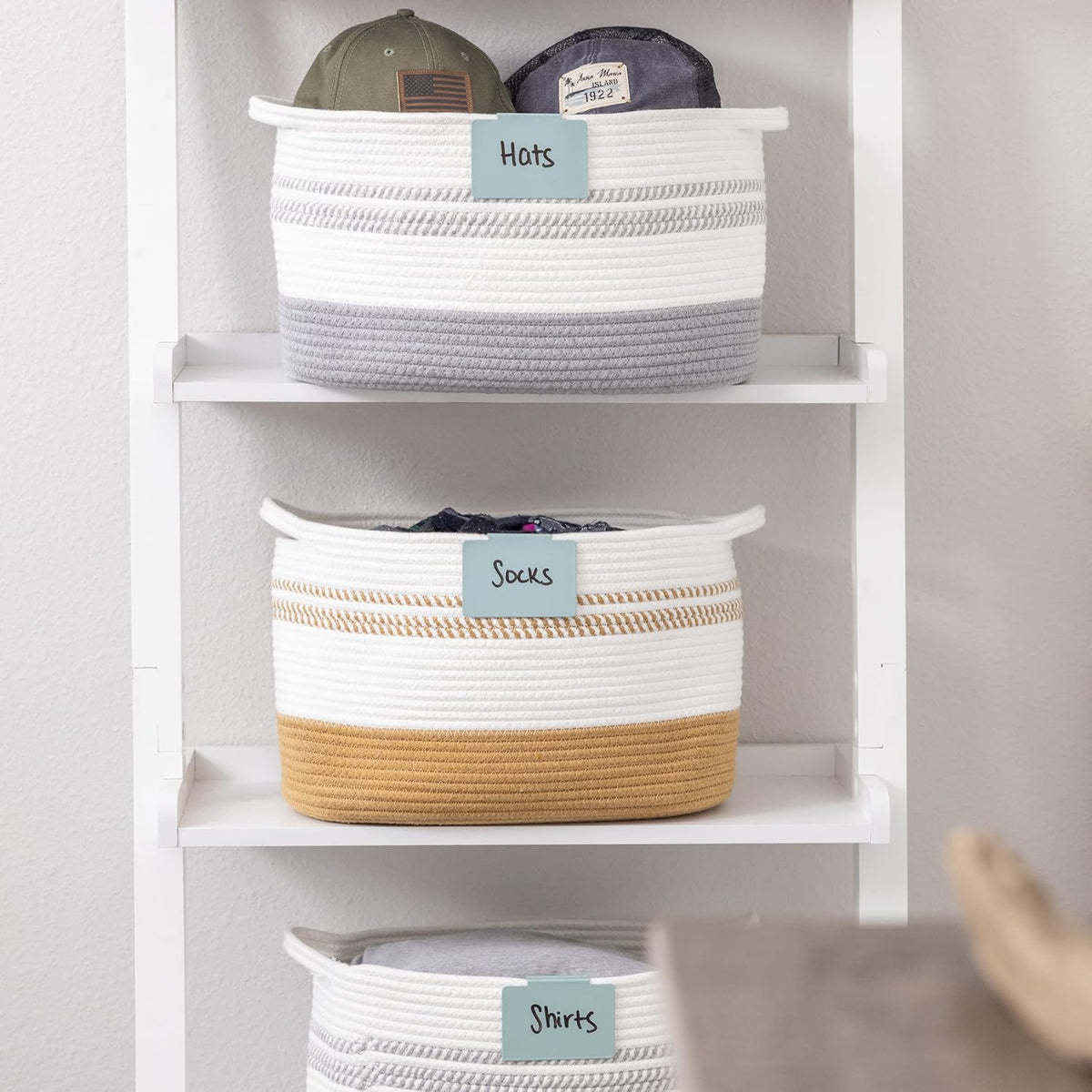 Metal Non-Slip Basket Labels Clip On for Storage Bins, or Wire Racks | Includes 8 Labels, 8 Non-Slip Pads, and 1 Free Marker (Cream)