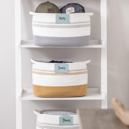 Metal Non-Slip Basket Labels Clip On for Storage Bins, or Wire Racks | Includes 8 Labels, 8 Non-Slip Pads, and 1 Free Marker (Cream)